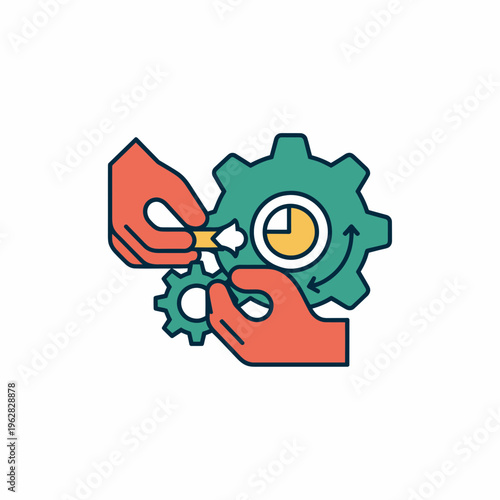 Hands manipulating gears with data pie chart icon representing strategic business process optimization and efficient workflow management in a clean minimalist vector illustration