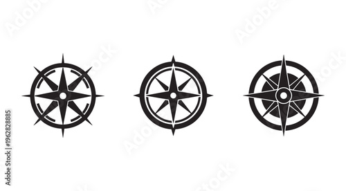 Compass navigation symbols with different designs and styles for direction and orientation  various black compass rose icons