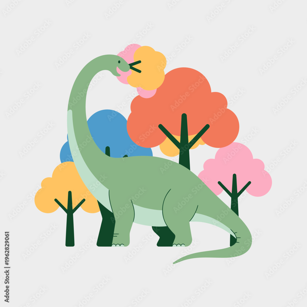 Obraz premium Friendly green long necked dinosaur eating leaves in a colorful abstract forest setting featuring stylized trees and minimalist flat design for kids educational projects