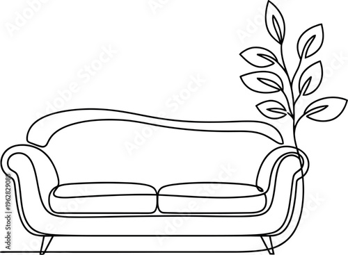 Elegant continuous line art drawing illustrating a comfortable two-seater sofa with a stylish houseplant emerging from behind on a clean white background.