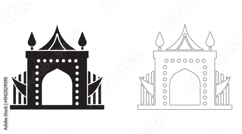 Gateway arch with towers and decorative elements in black and white line art  architectural symbols for design and cultural representation