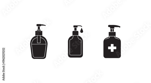 Hand sanitizer bottles with different designs and one with a medical cross  isolated on white background