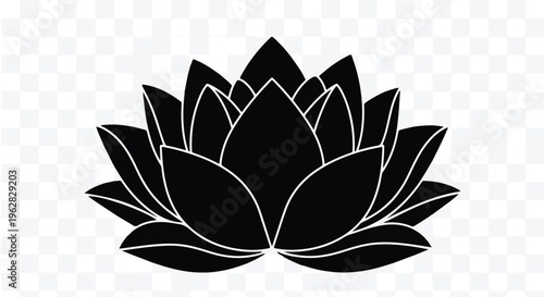 Lotus flower silhouette displays a symmetrical floral bloom with elegant petals to represent spiritual enlightenment, inner peace, and the practice of meditative mindfulness in design.