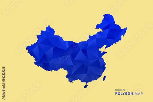 China Map - Low poly polygon map in deep blue gradient on soft beige background, modern minimal geometric design, clean abstract vector illustration with faceted triangulated style.