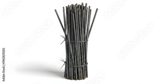 Bundle of Steel Rebar Rods for Concrete Reinforcement Isolated on White Background