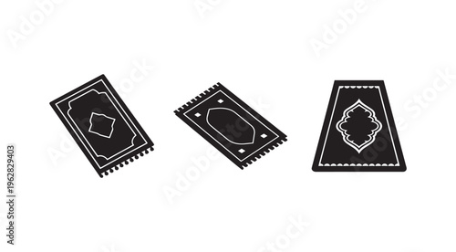 Islamic prayer mats in various designs and orientations on white background
