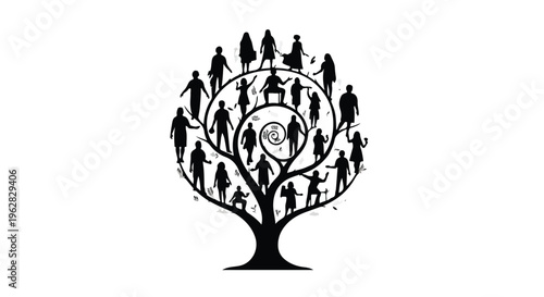 Tree of humanity illustrates a diverse collective of people standing together within a branching structure to symbolize social connection, environmental harmony, and community interconnectedness.