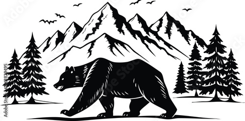 A majestic black bear walks amidst a mountainous forested landscape