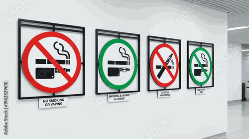 Prohibition signs featuring cigarettes and vaping devices crossed out, symbolizing smoke-free environments, health awareness, anti-smoking campaigns, public safety, and enforcement of no-smoking and n