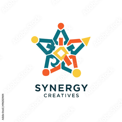 Colorful star-shaped logo featuring interconnected geometric shapes and dots