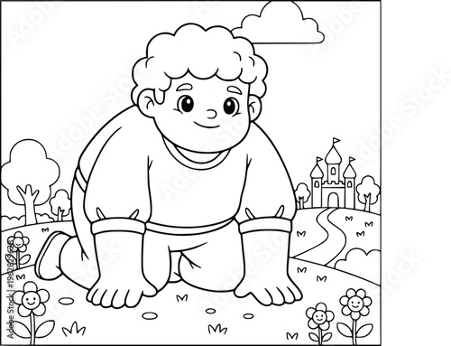 Coloring book illustration with a cute giant boy crawling in a flower field