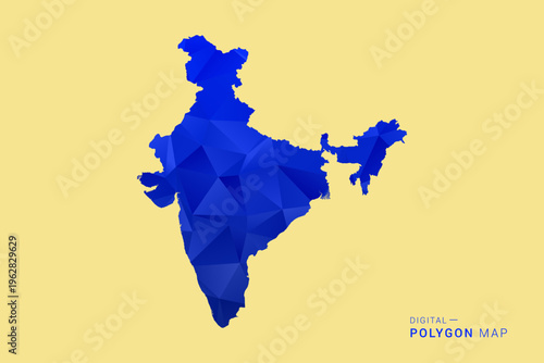 India Map - Low poly polygon map in deep blue gradient on soft beige background, modern minimal geometric design, clean abstract vector illustration with faceted triangulated style.