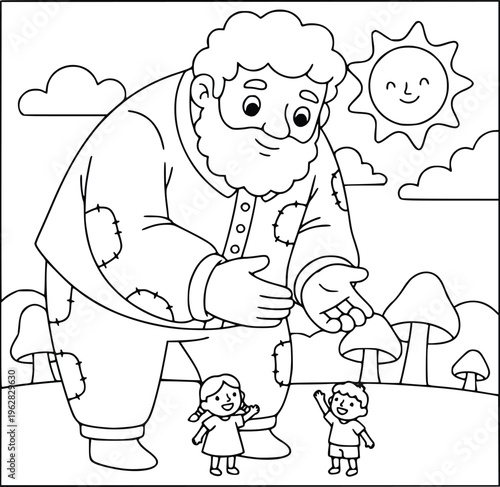 Coloring book illustration with a cute bearded giant meeting tiny children