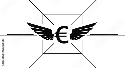 Euro symbol adorned with majestic spread wings placed centrally within a geometric frame to signify financial success and the rapid growth of international monetary market investments.