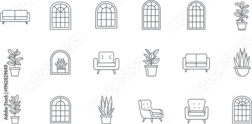 Collection of minimal black and white line art icons representing home decor elements including arched windows potted plants and various seating arrangements.