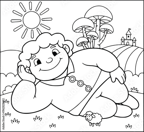 Coloring book illustration with a cute giant boy relaxing in a field