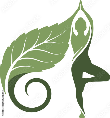 Elegant abstract yoga pose silhouette blending perfectly with a vibrant green botanical leaf element symbolizing nature and wellness practices.