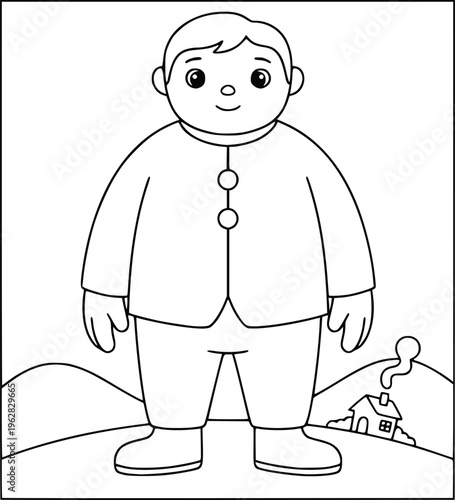 Coloring book illustration with a cute giant standing on a hill near a house