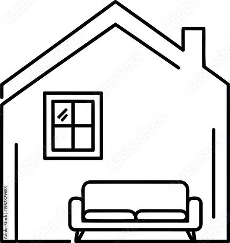Simple outline icon representing home living space featuring a comfortable sofa positioned beneath a clear window under a pitched roof structure.