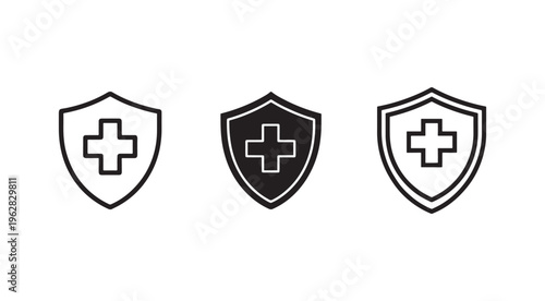 Medical shield icons with cross symbol in black and white for healthcare and protection concepts  medical symbols for safety and health care