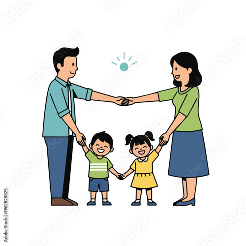 Illustration of a family holding hands together, all smiling brightly