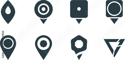 Collection of Eight Dark Blue Location Pin Icons with Geometric Designs Keywords: location pin, map marker, navigation, destination, pointer, pin