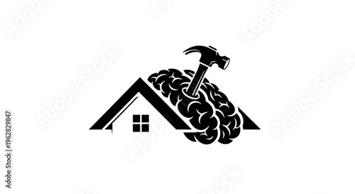 Hammer Embedded in a Brain on a House Roof Silhouette, Concept of Intelligent Construction and Psychological Well-being at Home, Smart Architecture and Strategic Renovation Illustration