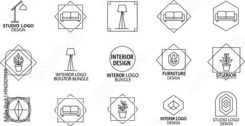 A comprehensive collection of modern minimalist line art logos and icons perfect for interior design, furniture stores, and creative studio branding projects.