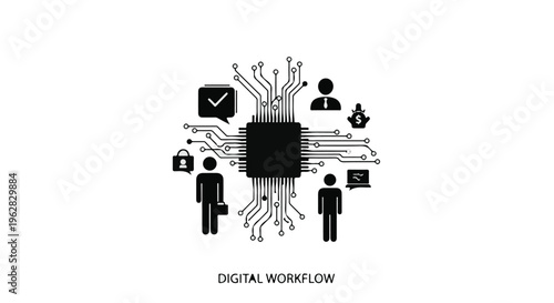 Microchip icon surrounded by business people and digital office tools representing a modern workflow and the seamless integration of technology within a professional corporate environment.