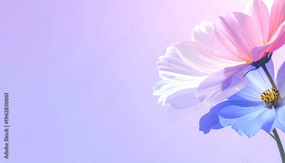 Fototapeta premium Delicate cosmos flowers, pastel hues, against a soft purple backdrop