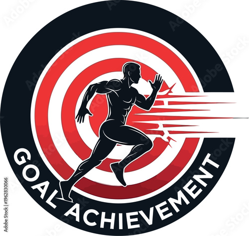 Dynamic logo design featuring a silhouette of an athlete running powerfully toward the center of a red and white target emblem symbolizing focused success.