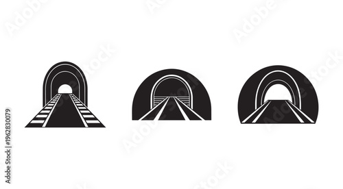 Railway tunnel icons with different entrance designs on white background