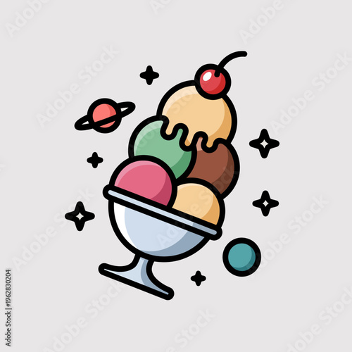 Colorful cosmic ice cream sundae illustration featuring multiple flavored scoops with a cherry topping surrounded by floating planets and glowing stars on gray background
