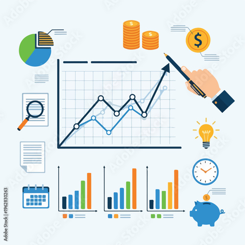 Financial infographic featuring charts, graphs, and currency symbols
