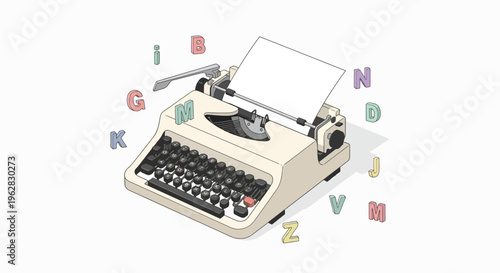 An old-fashioned typewriter with colorful letters scattered around it on a plain white background, conveying a creative writing atmosphere.
