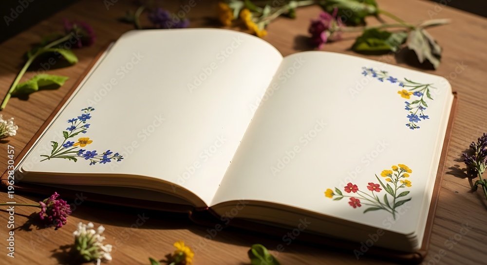 Fototapeta premium Botanical notebook with vintage flower illustrations on wood surface