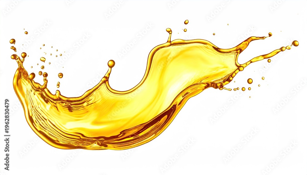 Fototapeta premium Golden liquid splashing upwards with dynamic curves on a white background