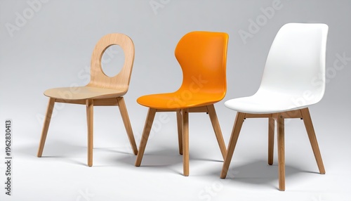 Three modern chairs of different designs and colors against a neutral backdrop