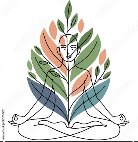Minimalist line art drawing depicts a person meditating in lotus pose merging spiritually with vibrant nature elements symbolizing growth and calm.