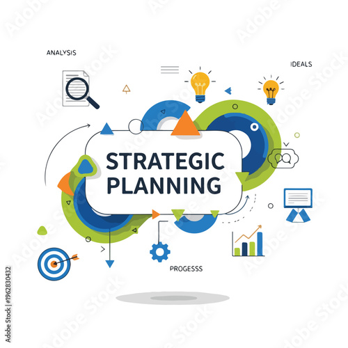 Colorful strategic planning graphic with symbols like lightbulbs and a target