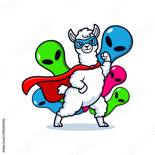 Cartoon superhero llama wearing a red cape and blue mask posing defiantly against a group of colorful playful alien creatures in a vibrant vector illustration design style