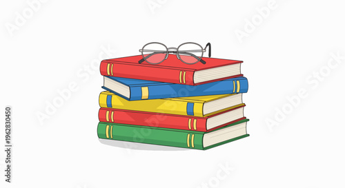 A stack of colorful books with glasses on top against a clean white background, representing writing and reading materials.