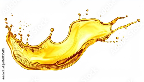 Golden liquid splashing upwards with dynamic curves on a white background