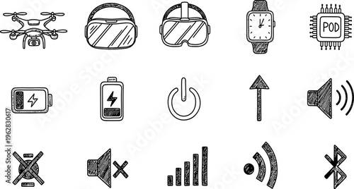 A collection of 12 black and white icons representing various technology and communication concepts