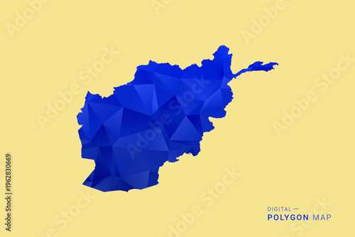 Afghanistan Map - Low poly polygon map in deep blue gradient on soft beige background, modern minimal geometric design, clean abstract vector illustration with faceted triangulated style.