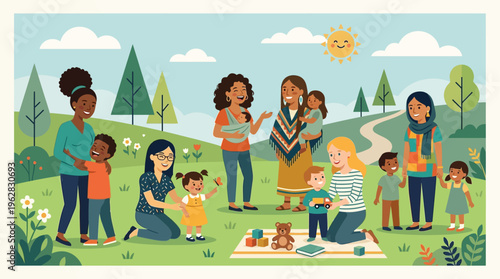 Colorful illustration of diverse mothers and children spending quality time together in a park. Families from different cultural backgrounds are bonding, playing, reading, and enjoying outdoor