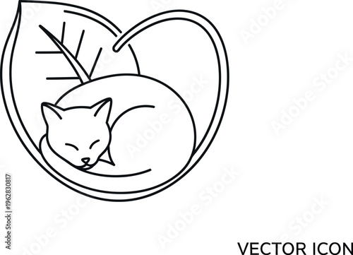 Minimalist vector line art icon of a small cat comfortably sleeping curled up inside a natural green leaf forming a protective heart shape, symbolizing peace and nature.