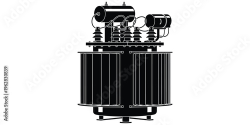 Electrical power transformer silhouette, industrial energy equipment, voltage distribution system, utility infrastructure design, high voltage machinery illustration, flat vector illustration