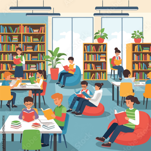 Illustration of a library with people reading books and surrounded by bookshelves