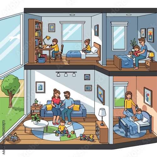 Illustration of a family in a house, showing various rooms and daily routines